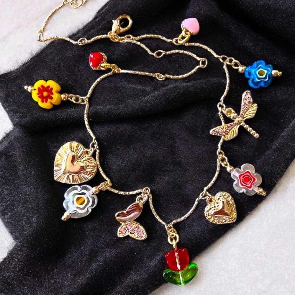 Gold and Red toned Charm Necklace glass rhinestones enamel tulip flower hearts